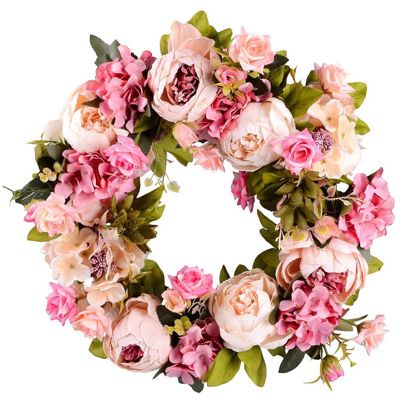 Lvydec Artificial Peony Flower Wreath  15 Pink Flower Door Wreath with Green Leaves for Spring Wedding Home Decor - Image 1