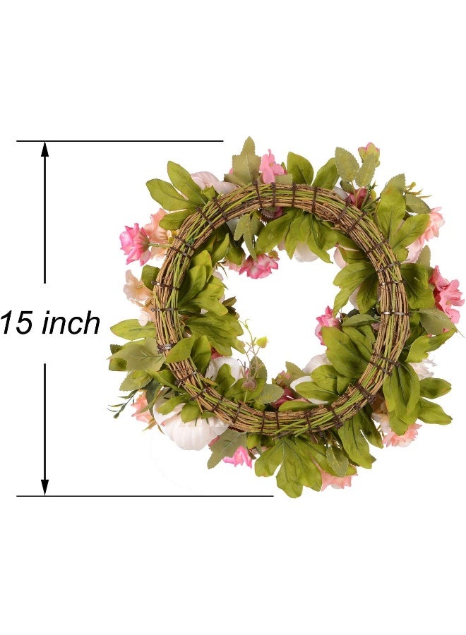 Lvydec Artificial Peony Flower Wreath  15 Pink Flower Door Wreath with Green Leaves for Spring Wedding Home Decor - Image 2