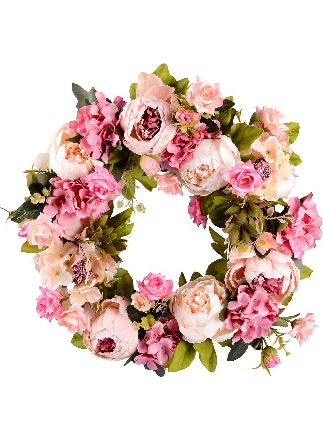Lvydec Artificial Peony Flower Wreath  15 Pink Flower Door Wreath with Green Leaves for Spring Wedding Home Decor - Image 4
