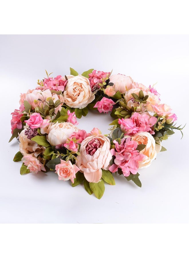 Lvydec Artificial Peony Flower Wreath  15 Pink Flower Door Wreath with Green Leaves for Spring Wedding Home Decor - Image 5