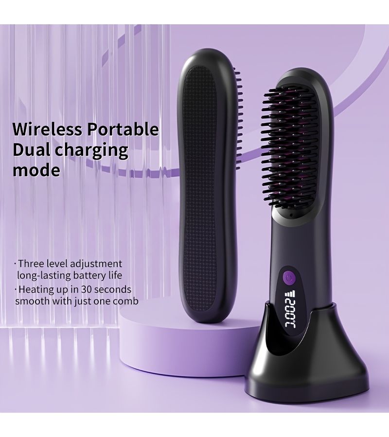 Pink Wireless Straightening Comb Fast Heat For All Hair Types USB Rechargeable LED Display - Image 5