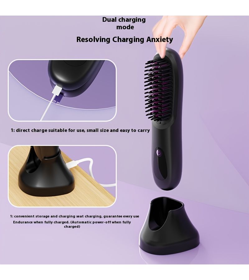 Pink Wireless Straightening Comb Fast Heat For All Hair Types USB Rechargeable LED Display - Image 3