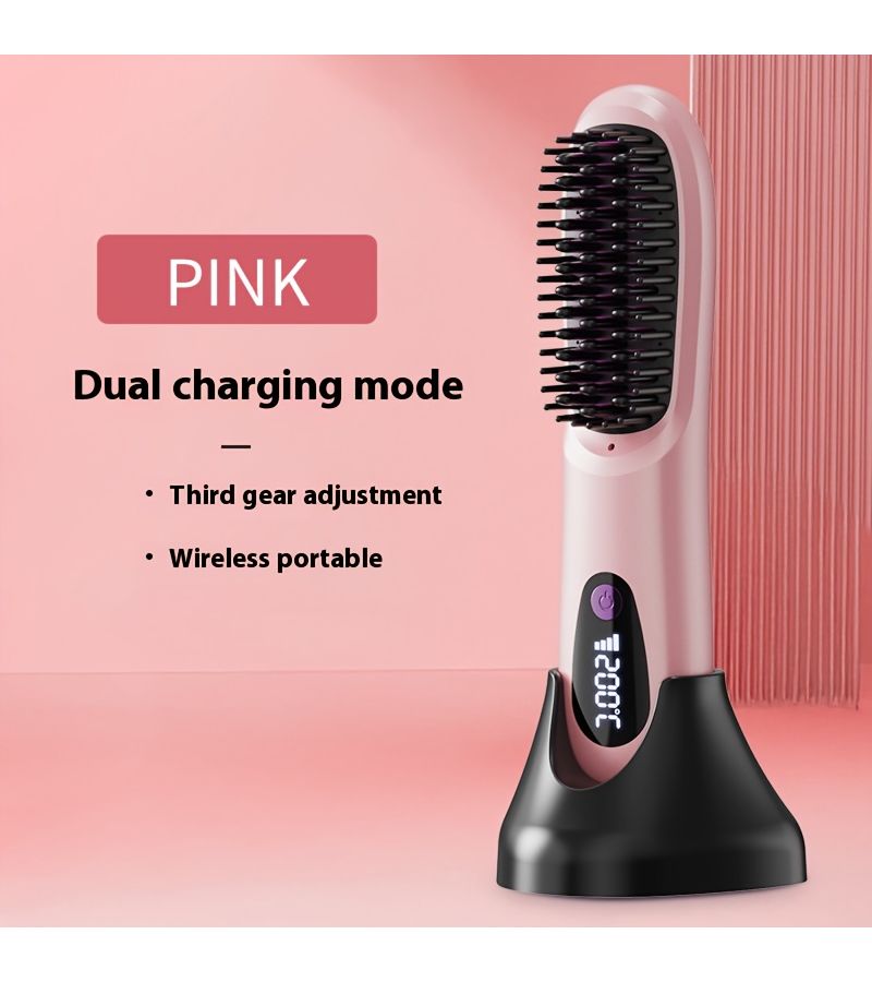Pink Wireless Straightening Comb Fast Heat For All Hair Types USB Rechargeable LED Display - Image 1