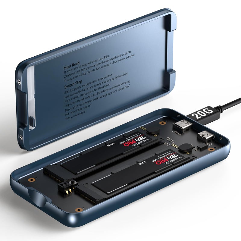 Dual Bay Raid SSD Enclosure 2280 M2 Hard Drive Enclosure with Clone Mode Raid 01 JBOD Mode 20Gbps Compatible to PCIe NVMe Harddrive Cloning HDD Offline Duplicator