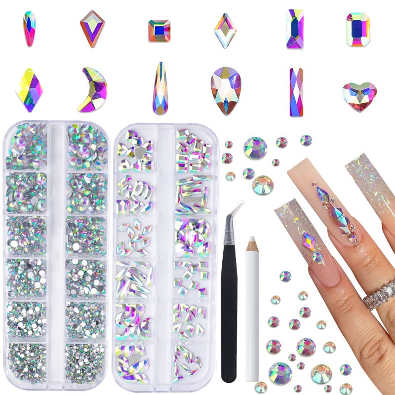 Canvalite 2518Pcs Rhinestones Nail Gems 12 Styles 3D Glass AB Crystals Charms Shiny Multi Shape Flatback Nail Rhinestones for Nail Art with Picker and Tweezers for DIY Nail Art