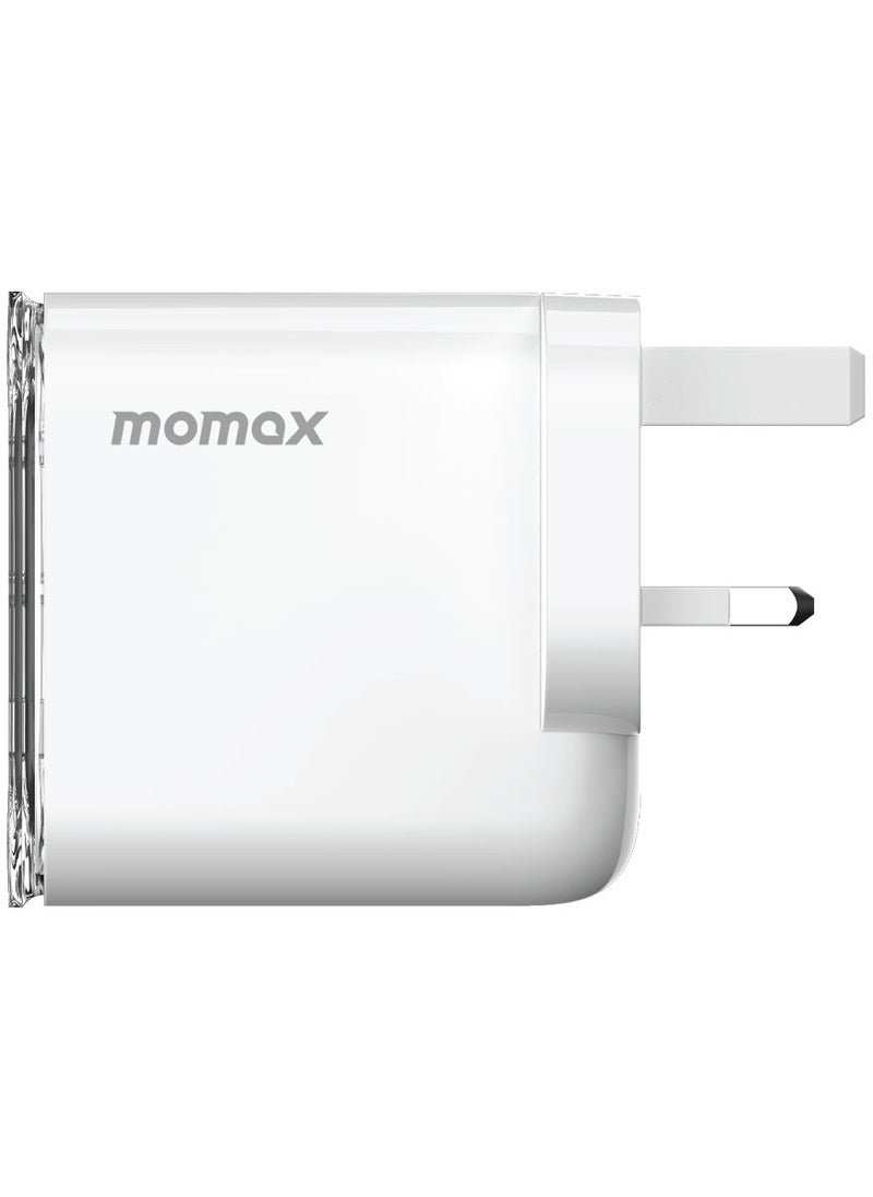 Momax - UM52 1-Charger Flow Plus 3-Port [80W] Fast Wall Charger [GaN Tech] 2x USB-C PD 3.0 + 1x USB QC 3.0 Charging Adapter compatible with Macbook Laptop Smartphone Tablet - White - Image 1