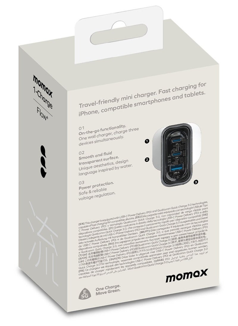 Momax - UM52 1-Charger Flow Plus 3-Port [80W] Fast Wall Charger [GaN Tech] 2x USB-C PD 3.0 + 1x USB QC 3.0 Charging Adapter compatible with Macbook Laptop Smartphone Tablet - White - Image 1