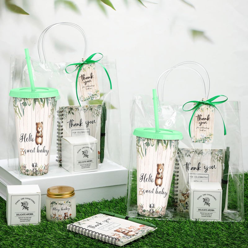 Tosstuki 6 Sets Woodland Baby Shower Game Prizes Gifts for Winners Player Plastic Tumbler Notebook Scented Candles Ballpoint Pen Gift Bag Safari Jungle Wild Animal Baby Shower Favor Woodland Game Gift - Image 3