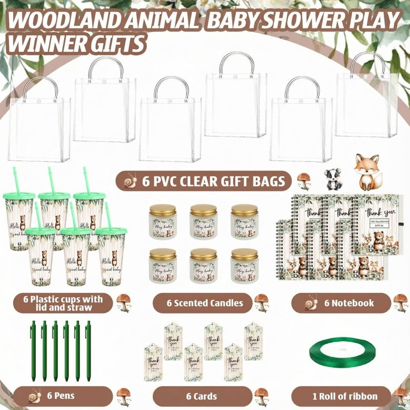 Tosstuki 6 Sets Woodland Baby Shower Game Prizes Gifts for Winners Player Plastic Tumbler Notebook Scented Candles Ballpoint Pen Gift Bag Safari Jungle Wild Animal Baby Shower Favor Woodland Game Gift - Image 2
