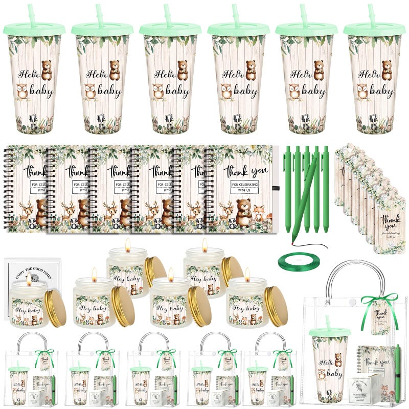 Tosstuki 6 Sets Woodland Baby Shower Game Prizes Gifts for Winners Player Plastic Tumbler Notebook Scented Candles Ballpoint Pen Gift Bag Safari Jungle Wild Animal Baby Shower Favor Woodland Game Gift - Image 1