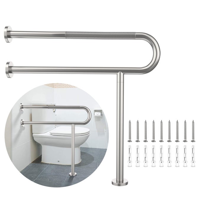 TOILET SUPPORT RAIL 313X 315 INCH ANTISLIP SATIN BRUSHED NICKEL HANDICAP GRAB BAR FOR BATHROOM STAINLESS STEEL KNURLED SAFETY HANDRAILS WITH LEG FOR ELDERLY DISABLED PREGNANT125TUBE
