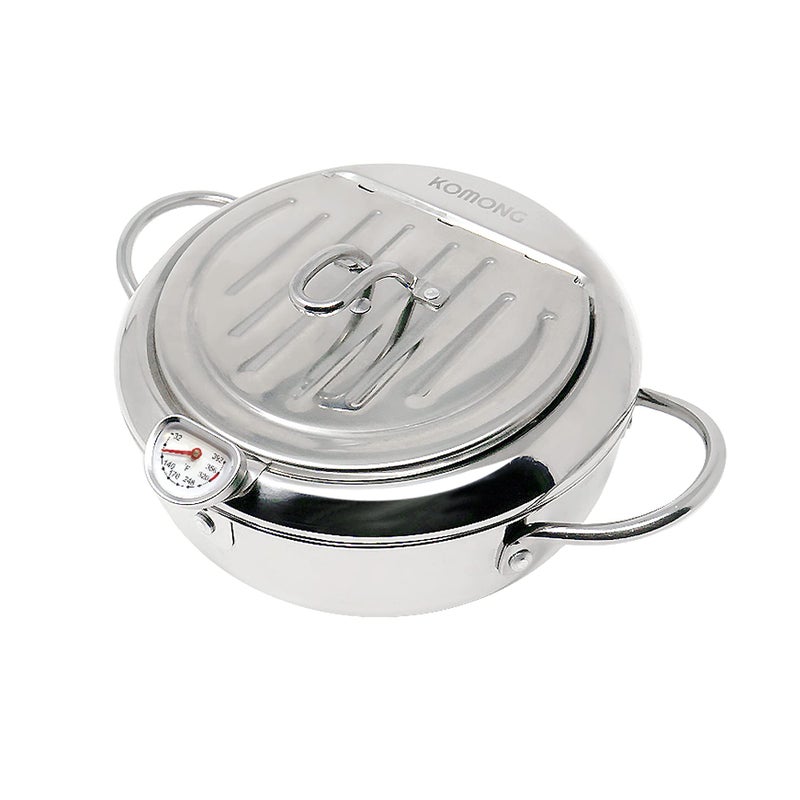 Deep Fryer Pot (°F), Japanese Tempura Small Deep Frying Pot with Fahrenheit Thermometer, 304 Stainless Steel Deep Fryer with Oil Draining Rack for Tempura chips, Fries, Fish, and Chicken