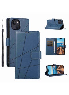 Case Cover For iPhone 13 PU Genuine Leather Texture Embossed Line Phone Case Blue