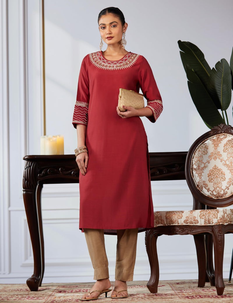 Biba Maroon Viscose Blend Straight Kurta - Image 2