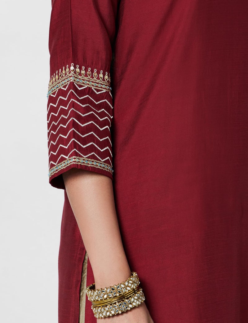 Biba Maroon Viscose Blend Straight Kurta - Image 5