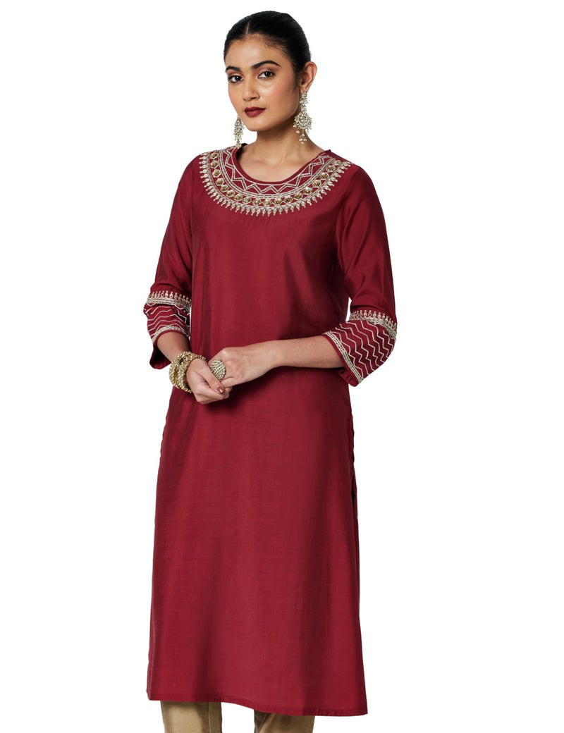 Biba Maroon Viscose Blend Straight Kurta - Image 1