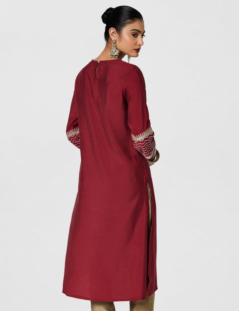 Biba Maroon Viscose Blend Straight Kurta - Image 3