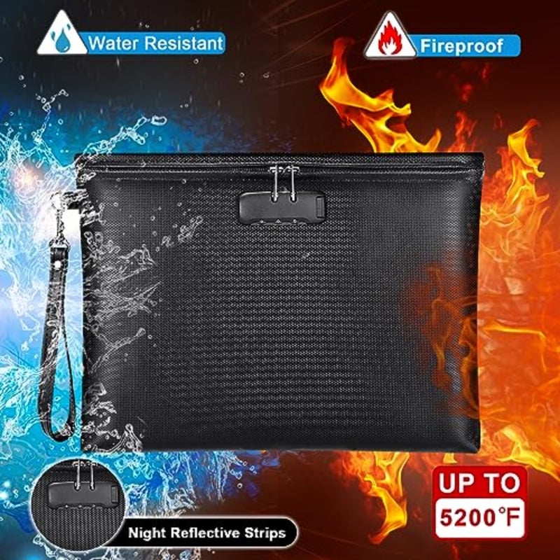 Fireproof Document Bag with Lock, 5200F Fireproof and Waterproof Money Bag with Zipper Closure, Storage Pouch for A4 Letter Size Document, Cash, Cell Phone, Tablet Black, 14X10 - Image 2