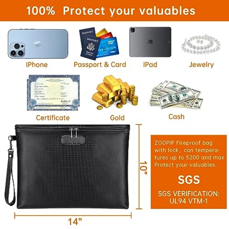 Fireproof Document Bag with Lock, 5200F Fireproof and Waterproof Money Bag with Zipper Closure, Storage Pouch for A4 Letter Size Document, Cash, Cell Phone, Tablet Black, 14X10 - Image 5