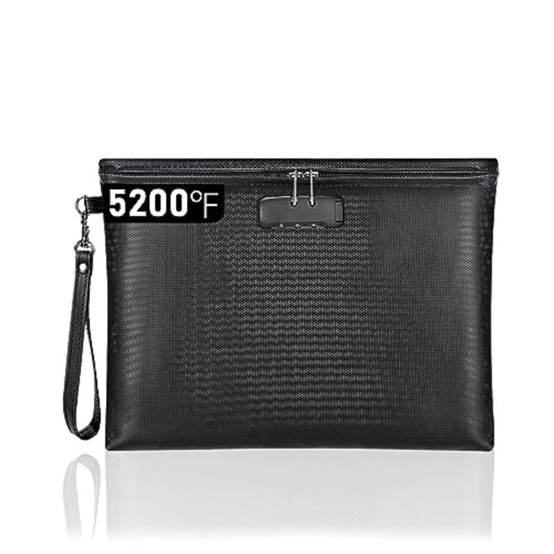 Fireproof Document Bag with Lock, 5200F Fireproof and Waterproof Money Bag with Zipper Closure, Storage Pouch for A4 Letter Size Document, Cash, Cell Phone, Tablet Black, 14X10 - Image 1