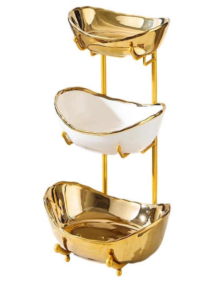 jessie 3 Tier Fruit Bowls for Kitchen Counter,Ceramic Large Fruit Basket Stand,Metal Fruit Serving Tray Snacks Nuts Cake Storage Holder (Gold 2) - Image 1