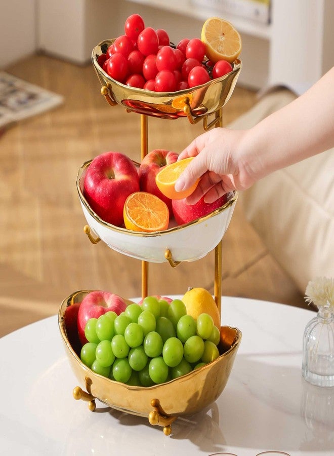 jessie 3 Tier Fruit Bowls for Kitchen Counter,Ceramic Large Fruit Basket Stand,Metal Fruit Serving Tray Snacks Nuts Cake Storage Holder (Gold 2) - Image 4