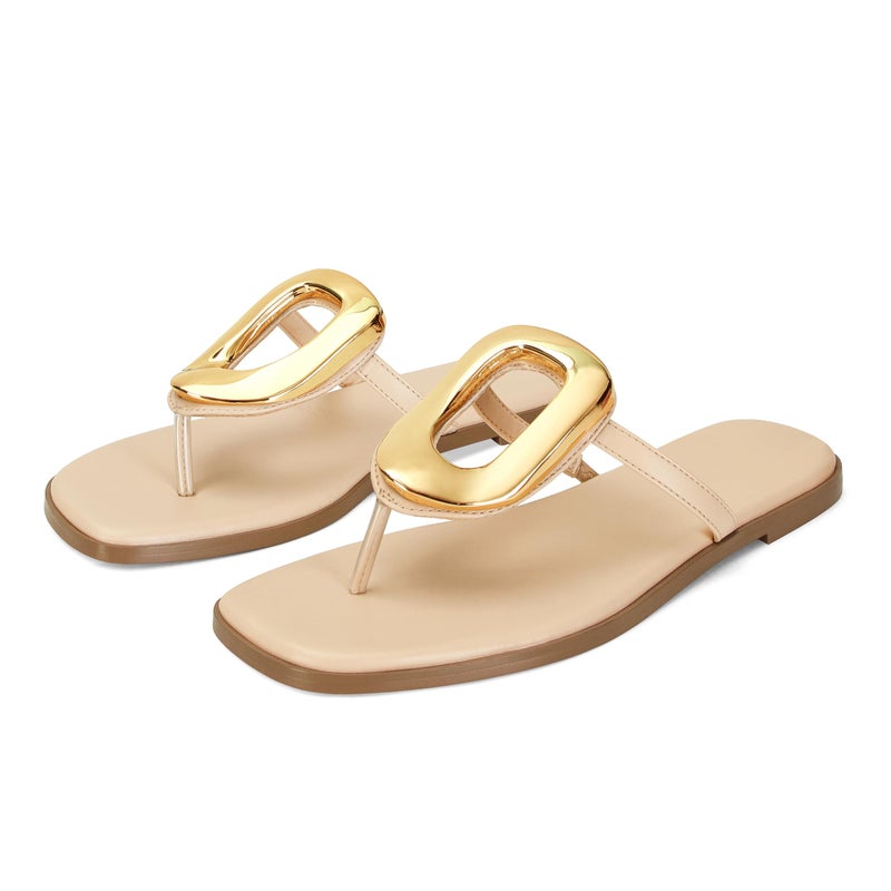 Wnshonzy Flip-Flops for Women Thong Sandals Flat Nude Slip on Slides Leather Beach Comfort Open Square Toe Ladies Slipper Dressy Metal Hardware Decoration Summer Shoes Casual Fashion - Image 1