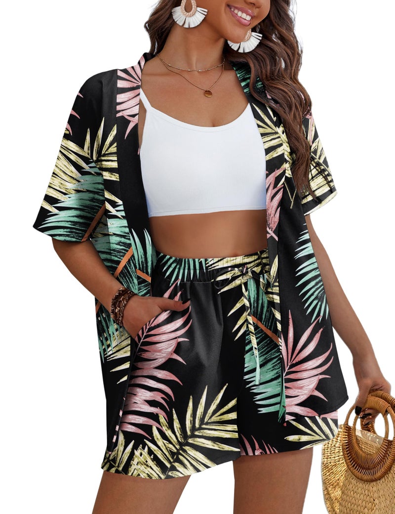 REDHOTYPE Women's 2 Piece Outfits Kimono Style Tropical Print Cover Ups Half Sleeve Blouse Shorts Set Summer Beachwear,Pink Tropic,M - Image 1