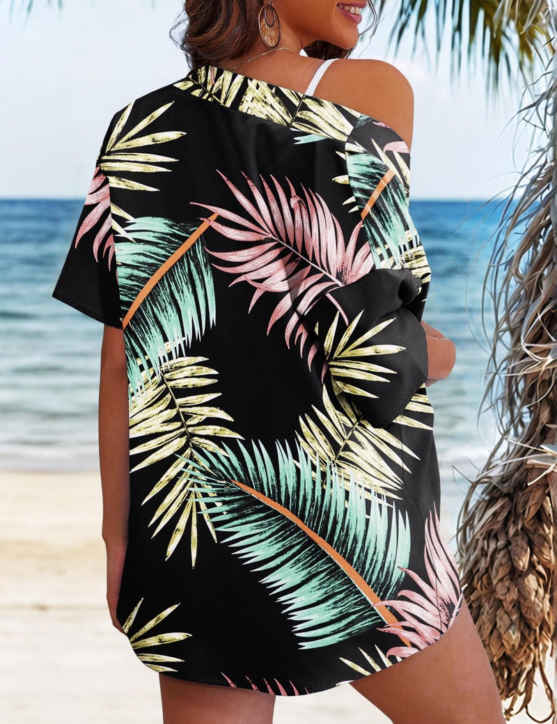 REDHOTYPE Women's 2 Piece Outfits Kimono Style Tropical Print Cover Ups Half Sleeve Blouse Shorts Set Summer Beachwear,Pink Tropic,M - Image 4