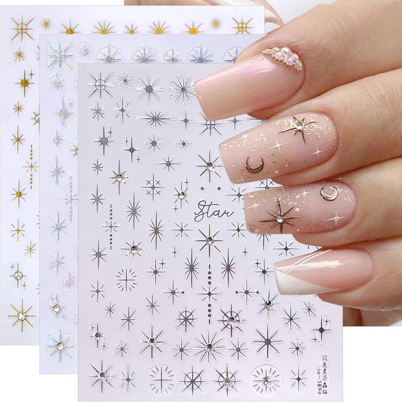 3 Sheets Star Nail Stickers for Nail Art 3D Chrome Nail Art Stickers with Rhinestones Self-Adhesive Glitter Designs Nail Art Supplies Laser Gold Silver Nail Decals Star Charms for Women Acrylic Nails
