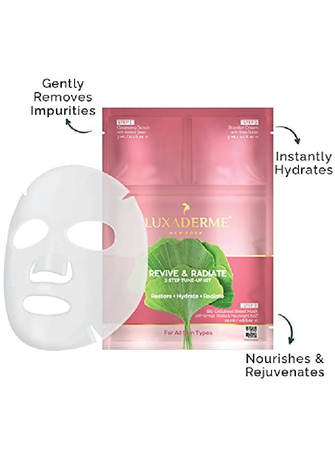 LuxaDerme Revive & Radiate 3 Step Tuneup Kit Cleansing Scrub + Bio Cellulose Serum Face Sheet Mask + Moisturizing Booster Creamrose & Mulberry Athome Facial With Brightening & Radiating Effect (Pack Of 2)  - Image 3