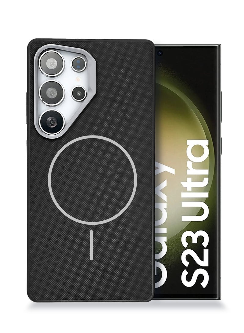 Wtech Samsung Galaxy S23 Ultra 5G 2023 Vegan Leather Phone Case, Protective Cover with Soft Touch, Elegant Design, Scratch Protection with Thin Magsafe Case Cover (MCMPMN) - Black - Image 1