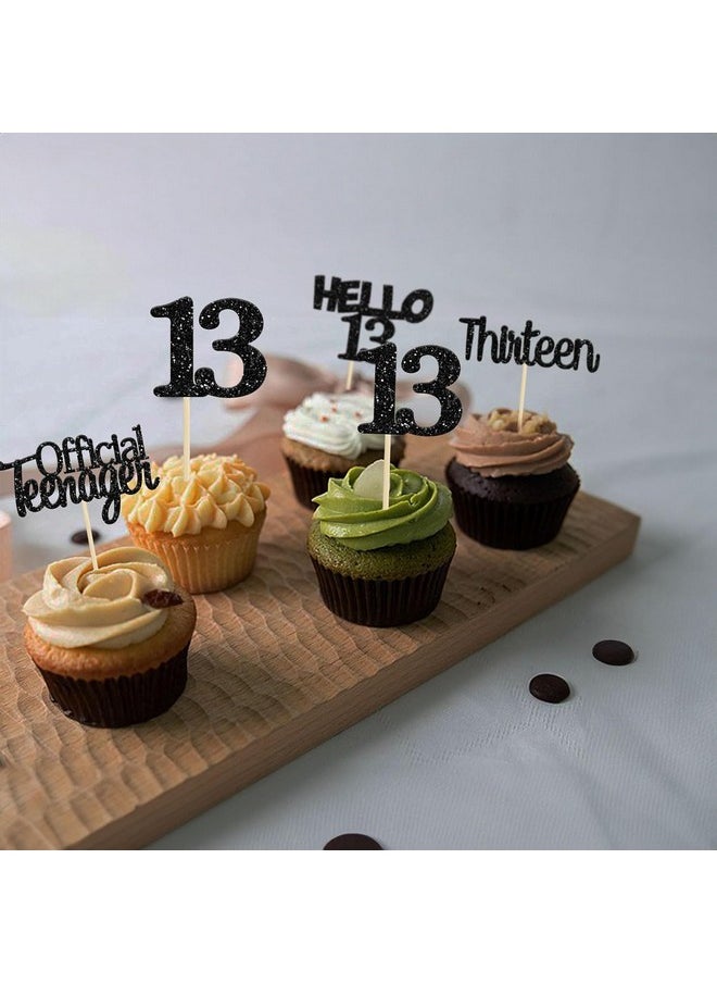 Confetti - Confetti! 24Pcs 13th Birthday Cupcake Toppers Glitter Thirteen Official Teenager 13 Cupcake Picks Hello 13 Years Birthday Cake Decorations for Happy 13th Birthday Anniversary Party Supplies Black - Image 1