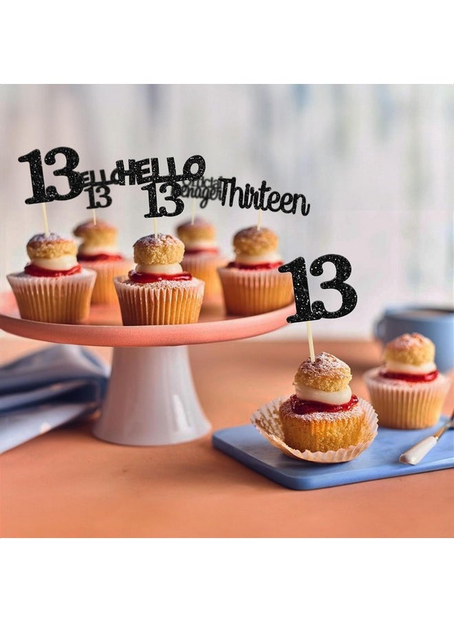 Confetti - Confetti! 24Pcs 13th Birthday Cupcake Toppers Glitter Thirteen Official Teenager 13 Cupcake Picks Hello 13 Years Birthday Cake Decorations for Happy 13th Birthday Anniversary Party Supplies Black - Image 1