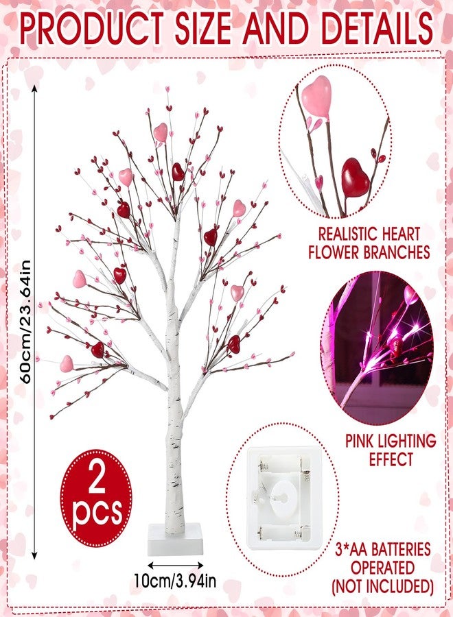 Baquler 2 PC Valentines LED Lighted Birch Trees with Heart Shaped Berry Picks Lighted Artificial Light up Pre Lit Tabletop Tree 24 Inch Valentines Day Decoration for Home Indoor Home Table Decorations - Image 2