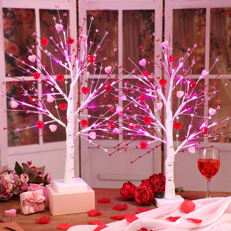 Baquler 2 PC Valentines LED Lighted Birch Trees with Heart Shaped Berry Picks Lighted Artificial Light up Pre Lit Tabletop Tree 24 Inch Valentines Day Decoration for Home Indoor Home Table Decorations - Image 1