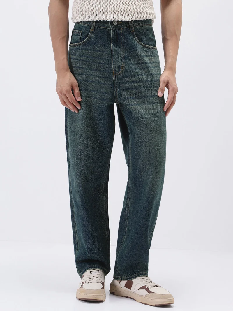 Urbano Fashion Men's Blue Loose Baggy Fit Heavy Washed Jeans Non-Stretchable