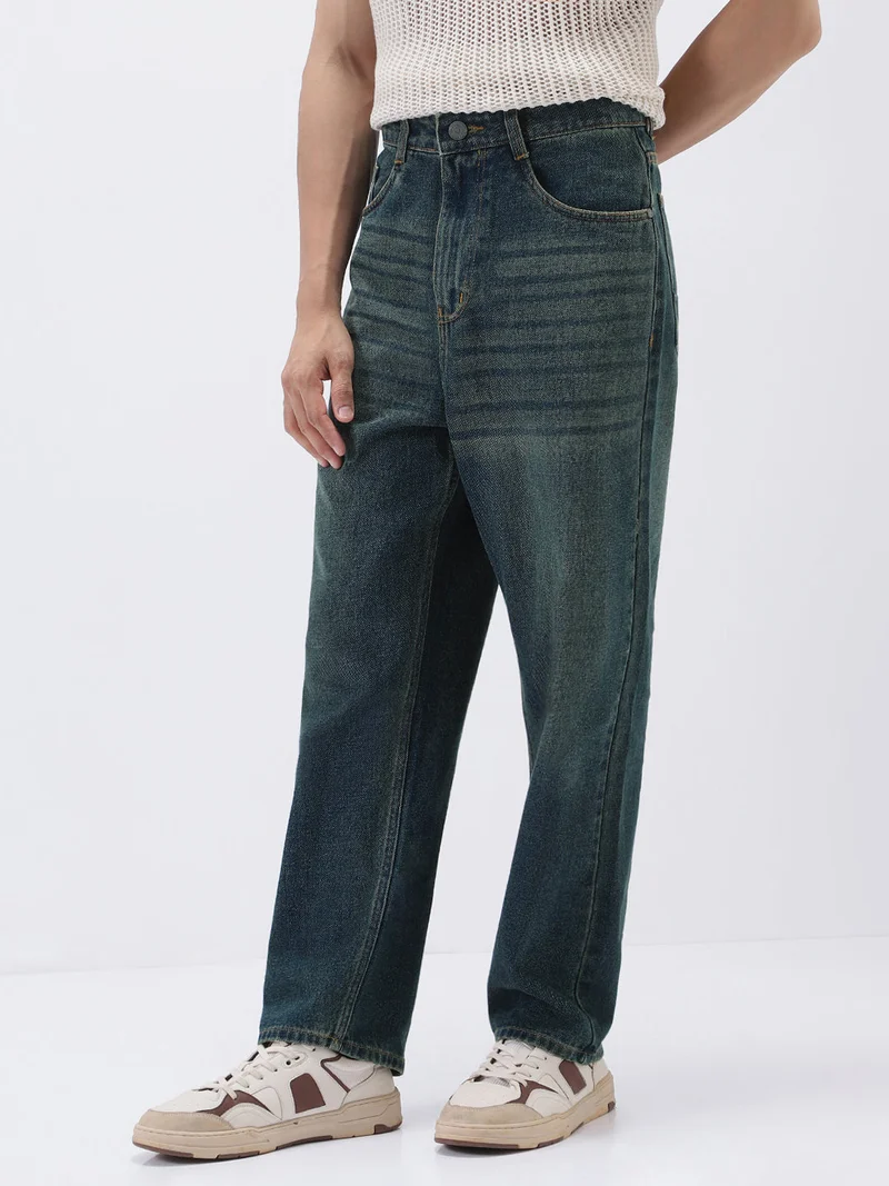 Urbano Fashion  Urbano Fashion Men's Blue Loose Baggy Fit Heavy Washed Jeans Non-Stretchable for Men | Best Price UAE
