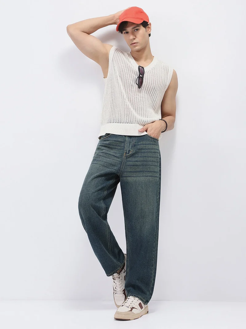 Urbano Fashion  Urbano Fashion Men's Blue Loose Baggy Fit Heavy Washed Jeans Non-Stretchable for Men | Best Price UAE