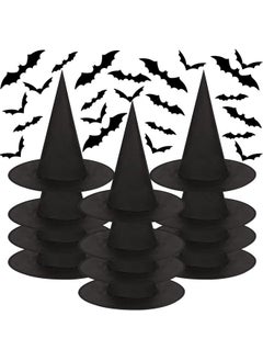CCINEE 12 Pcs Halloween Decoration Witch Hats, Bulk Hanging Witch Costume Caps Accessories with 120 Pcs Bat Wall Stickers for Halloween Themed Party Yard Decoration