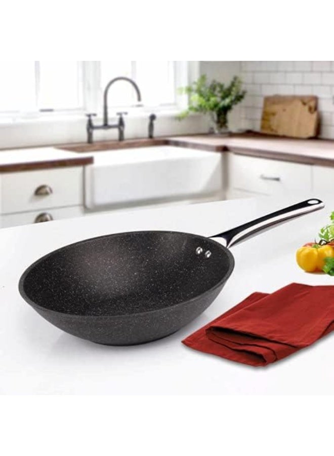 Falez Non Stick Granite Wok Fry Pan, 28 cm Diameter, Black - Image 2