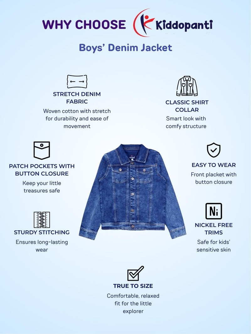 KiddoPanti Boys Denim Jacket | Cotton Poly Blend with Lycra | Washed Denim, Full Sleeve | Button Closure & Front Flap Pockets | Collared Neck, Md Mash - 1-2Y - Image 2