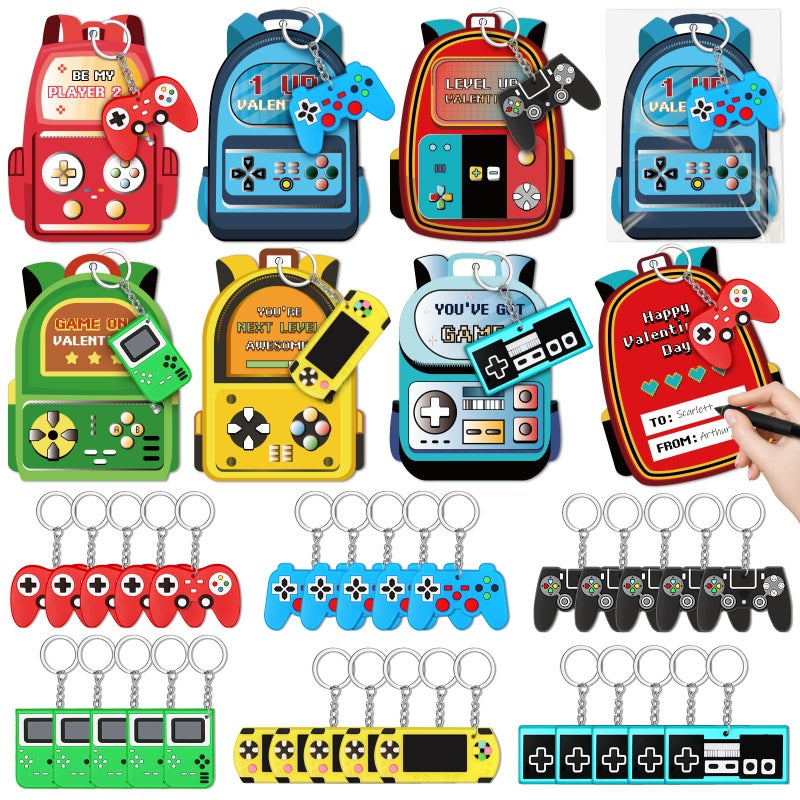 Letapapa Valentines Day Cards For Kids School, 30 Pack Kid Valentine's Day Cards with Video Game Keychains, Valentine's Day Gifts for Kids Classroom Exchange, Valentine's Party Favors School Games Prizes - Image 1