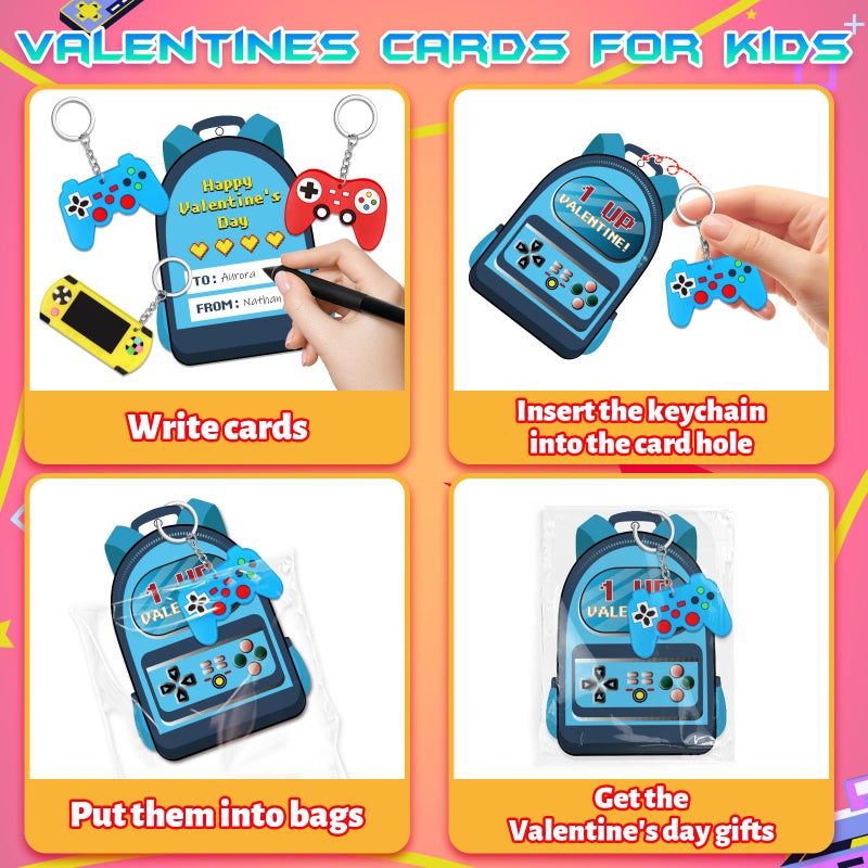 Letapapa Valentines Day Cards For Kids School, 30 Pack Kid Valentine's Day Cards with Video Game Keychains, Valentine's Day Gifts for Kids Classroom Exchange, Valentine's Party Favors School Games Prizes - Image 5