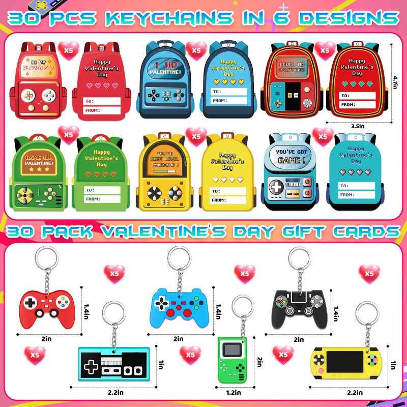 Letapapa Valentines Day Cards For Kids School, 30 Pack Kid Valentine's Day Cards with Video Game Keychains, Valentine's Day Gifts for Kids Classroom Exchange, Valentine's Party Favors School Games Prizes - Image 2