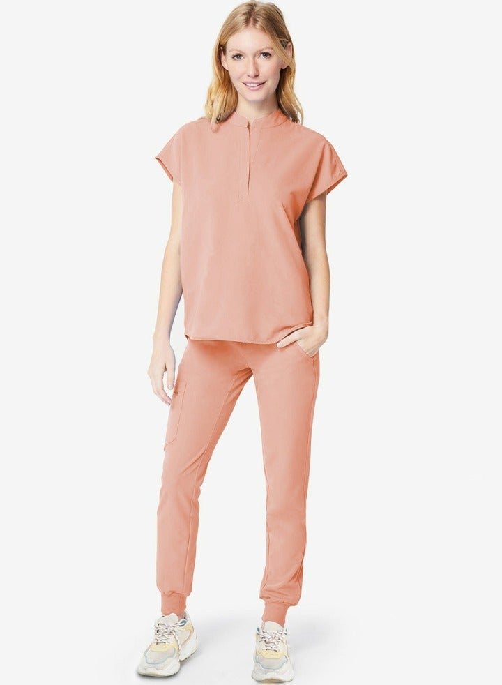 Loquat Fashion Medical Uniform Scrubs 2 Piece Set Stand Collar Top and Jogger Pants Suit Pink  - Image 1