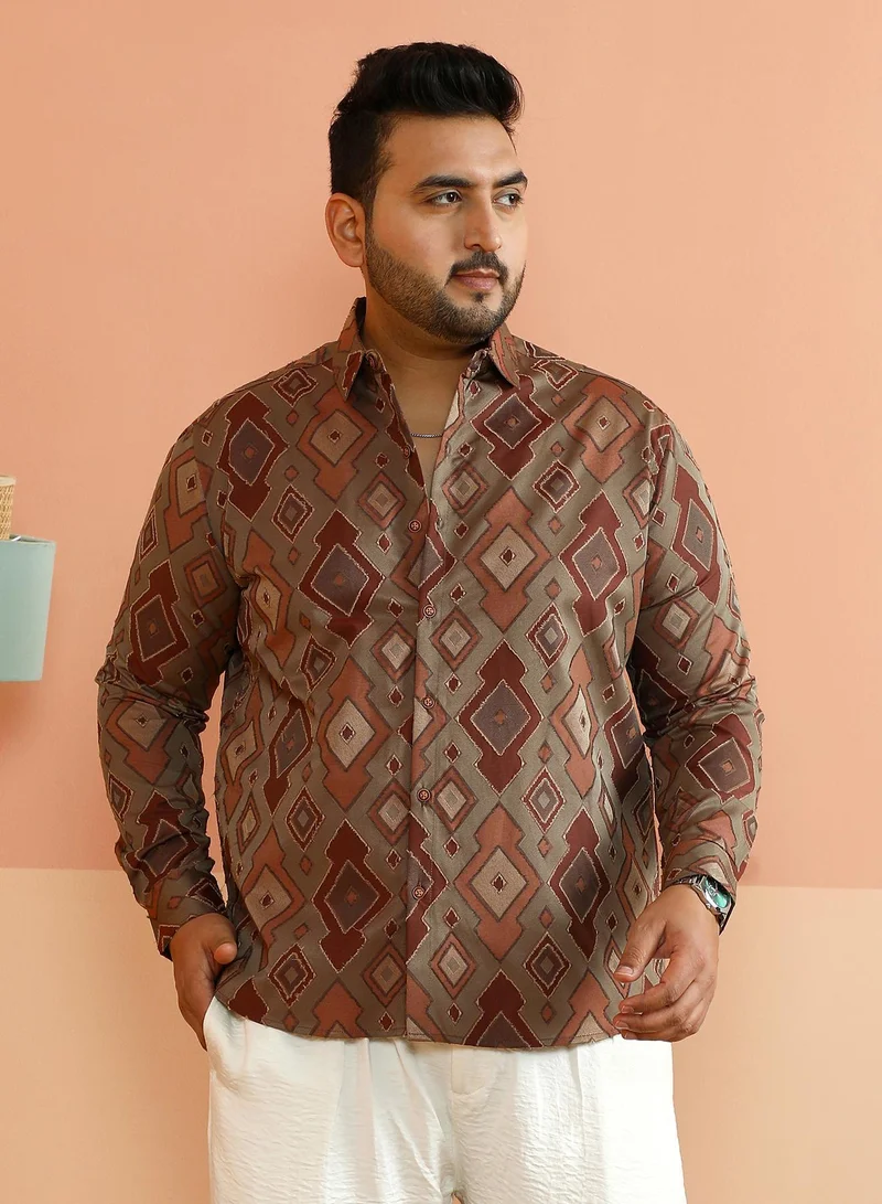 Instafab Plus Instafab Plus Men's Peanut Brown Contrast Geometric-Woven Shirt For Casual Wear | Spread Collar | Long Cuffed Sleeves | Button Closure | Plus Size Shirt Crafted With Comfort Fit For Everyday Wear