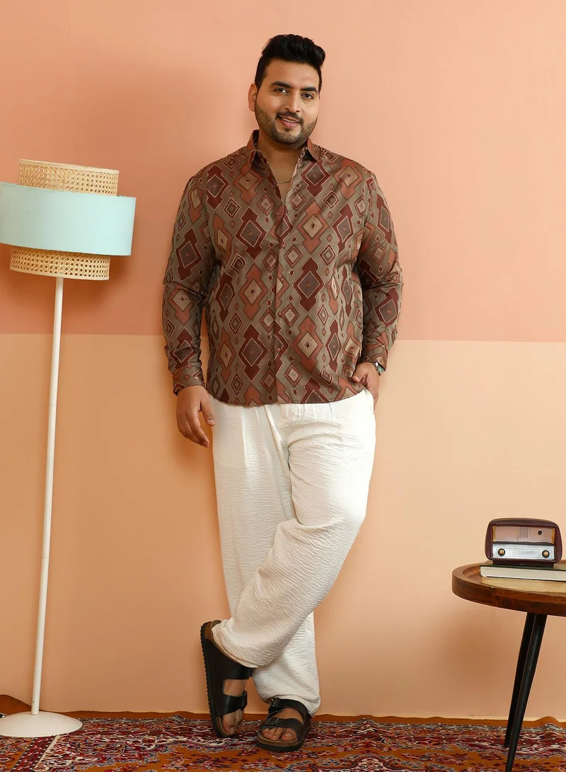 Instafab Plus  Instafab Plus Men's Peanut Brown Contrast Geometric-Woven Shirt For Casual Wear | Spread Collar | Long Cuffed Sleeves | Button Closure | Plus Size Shirt Crafted With Comfort Fit For Everyday Wear for Men | Best Price UAE