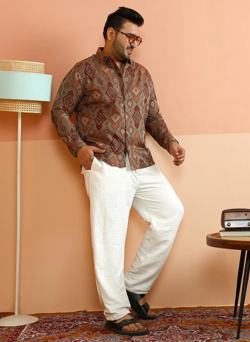 Instafab Plus  Instafab Plus Men's Peanut Brown Contrast Geometric-Woven Shirt For Casual Wear | Spread Collar | Long Cuffed Sleeves | Button Closure | Plus Size Shirt Crafted With Comfort Fit For Everyday Wear for Men | Best Price UAE