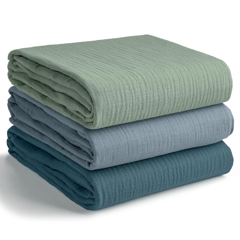 Comfy Cubs بطانيات لف الأطفال من موسلين - عبوة من 3، 42 × 42 بوصة، مجموعة بطانيات أطفال ناعمة 100% قطن، لفات كبيرة للمواليد الجدد - لفات مهدئة للمواليد الجدد - نبتون، أزرق المحيط الهادئ، سرخس - Image 1